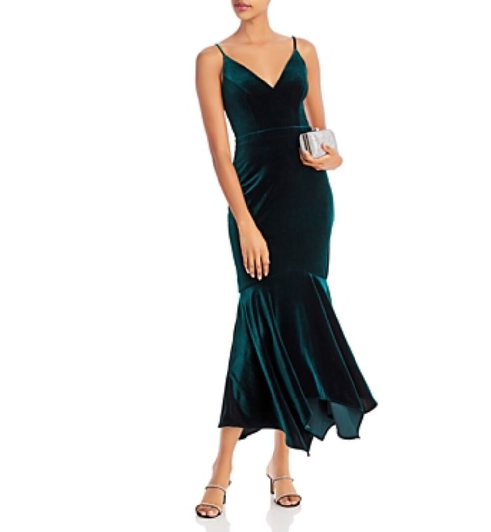 AQUA Green Cocktail Dress Velvet Sleeveless V-Neck High-Low Midi Sheath Size 6